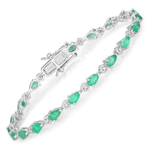 Bracelets-3.53 Carat Genuine Zambian Emerald and White Diamond 14K White Gold Bracelet
