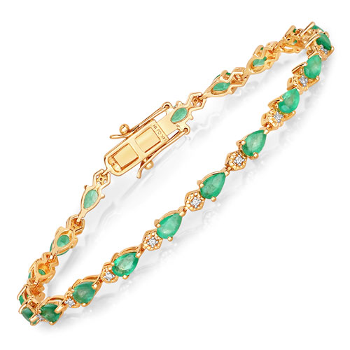 Bracelets-3.53 Carat Genuine Zambian Emerald and White Diamond 14K Yellow Gold Bracelet