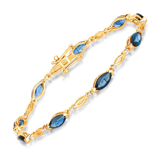 Bracelets-5.58 Carat Genuine Blue Sapphire and White Diamond 14K Yellow Gold Bracelet