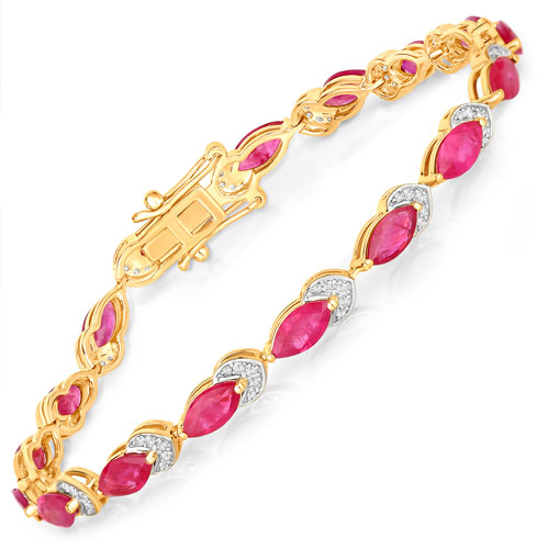 Bracelets-6.79 Carat Genuine Ruby and White Diamond 14K Yellow Gold Bracelet