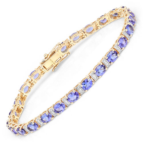 Bracelets-8.51 Carat Genuine Tanzanite and White Diamond 14K Yellow Gold Bracelet