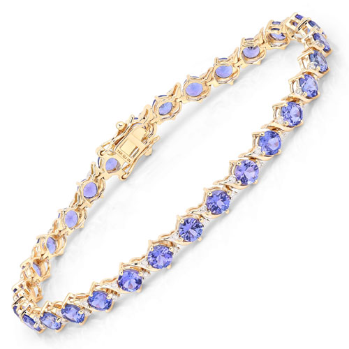 Bracelets-6.93 Carat Genuine Tanzanite and White Diamond 14K Yellow Gold Bracelet