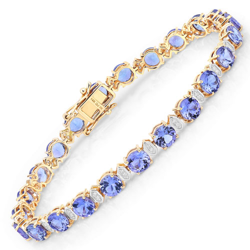 Bracelets-9.87 Carat Genuine Tanzanite and White Diamond 14K Yellow Gold Bracelet