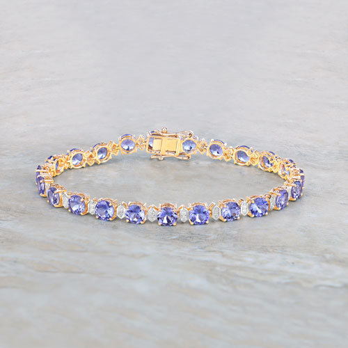 9.87 Carat Genuine Tanzanite and White Diamond 14K Yellow Gold Bracelet