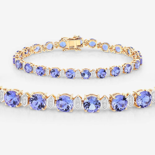 9.87 Carat Genuine Tanzanite and White Diamond 14K Yellow Gold Bracelet