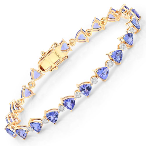 Bracelets-9.24 Carat Genuine Tanzanite and White Diamond 14K Yellow Gold Bracelet
