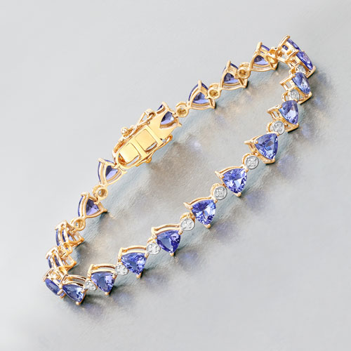 9.24 Carat Genuine Tanzanite and White Diamond 14K Yellow Gold Bracelet