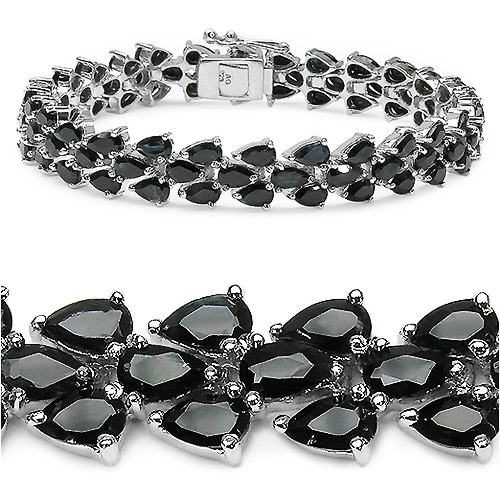 Bracelets-20.70 Carat Genuine Black Sapphire Sterling Silver Bracelet