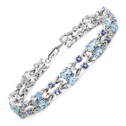 Bracelets-14.60 Carat Genuine Blue Topaz & Tanzanite .925 Sterling Silver Bracelet