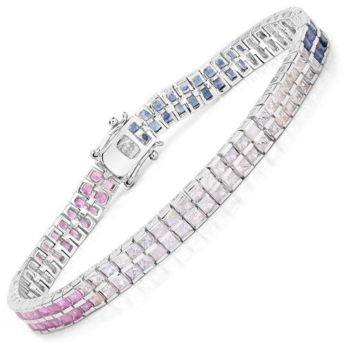 Bracelets-9.52 Carat Genuine Multi Sapphire .925 Sterling Silver Bracelet