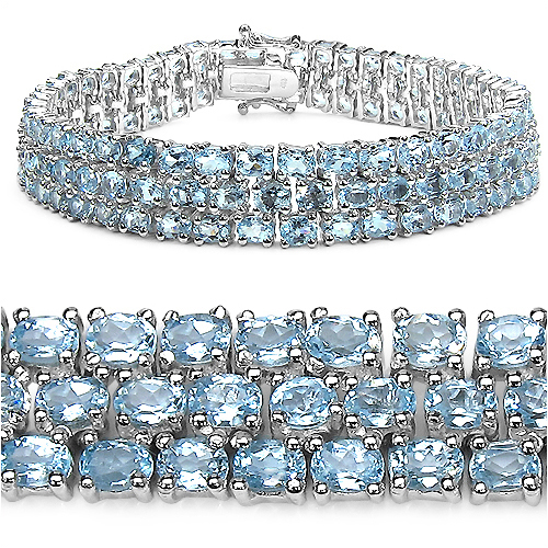 Huang and Co 13.00 Carat Genuine Blue Topaz Solid .925 Sterling Silver Double Tennis Bracelet 