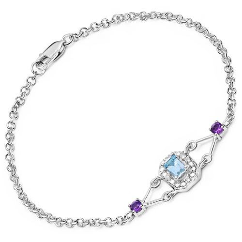 "0.88 Carat Genuine Blue Topaz, Amethyst and White Topaz .925 Sterling Silver Bracelet"