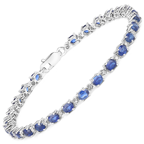 Bracelets-6.73 Carat Genuine Kyanite and White Diamond .925 Sterling Silver Bracelet