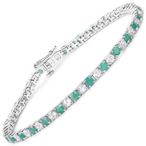 Bracelets-5.77 Carat Genuine Emerald and White Topaz .925 Sterling Silver Bracelet