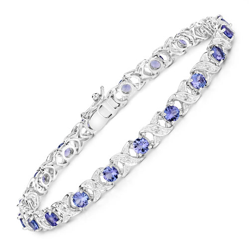 Bracelets-4.47 Carat Genuine Tanzanite and White Diamond .925 Sterling Silver Bracelet