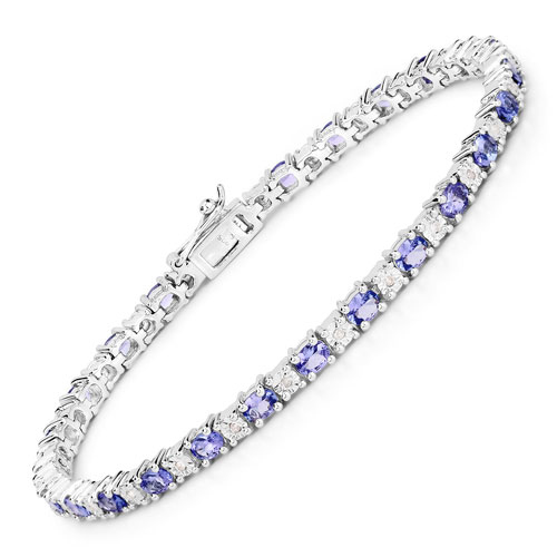Bracelets-4.42 Carat Genuine Tanzanite and White Diamond .925 Sterling Silver Bracelet