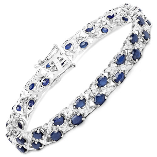 Bracelets-12.55 Carat Genuine Blue Sapphire and White Diamond .925 Sterling Silver Bracelet