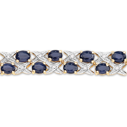 14K Yellow Gold Plated 12.53 Carat Genuine Blue Sapphire and White Diamond .925 Sterling Silver Bracelet