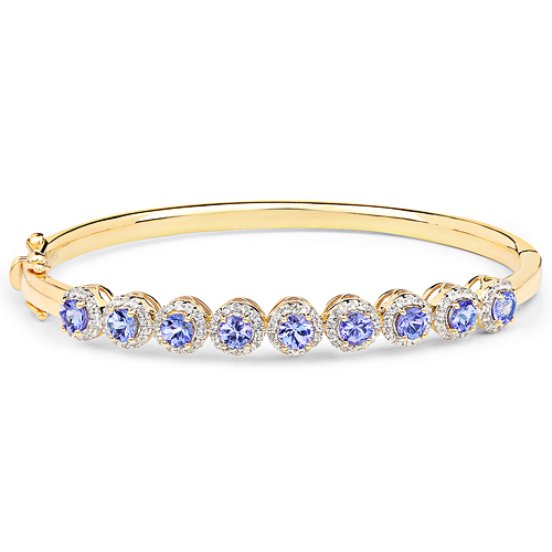 14K Yellow Gold Plated 3.30 Carat Genuine Tanzanite and White Topaz .925 Sterling Silver Bangle