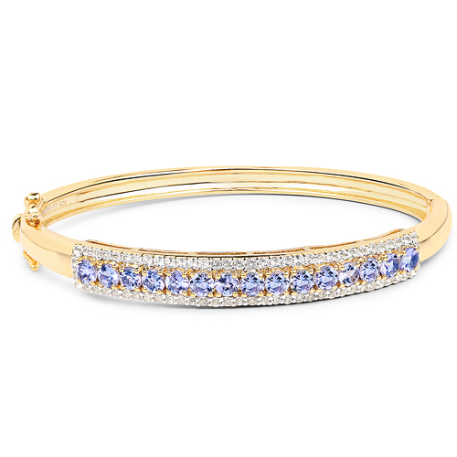14K Yellow Gold Plated 4.39 Carat Genuine Tanzanite and White Topaz .925 Sterling Silver Bangle
