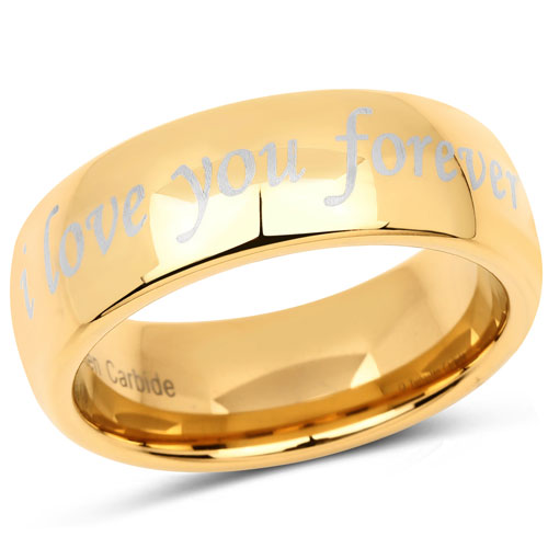 8MM Tungsten Carbide Golden Polish Laser Etched 'I Love You Forever' Men's Wedding Ring Band