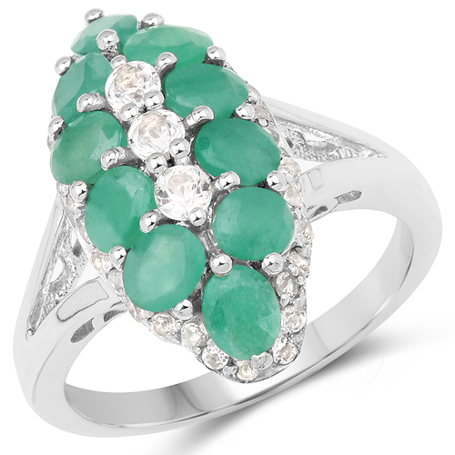 Emerald-2.60 Carat Genuine Emerald and White Topaz .925 Sterling Silver Ring