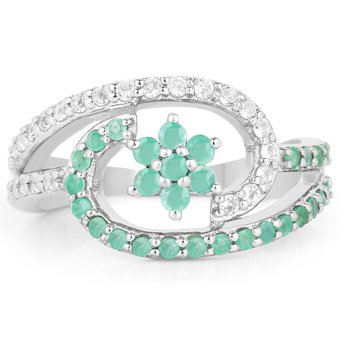 0.72 Carat Genuine Emerald and White Topaz .925 Sterling Silver Ring