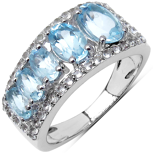 Rings-2.75 Carat Genuine Blue Topaz & White Topaz .925 Sterling Silver 5 Stone Ring