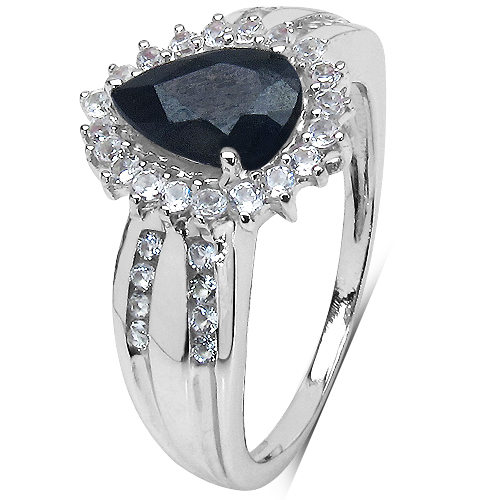 1.74 Carat Genuine Blue Sapphire, White Topaz .925 Sterling Silver Solitaire Ring