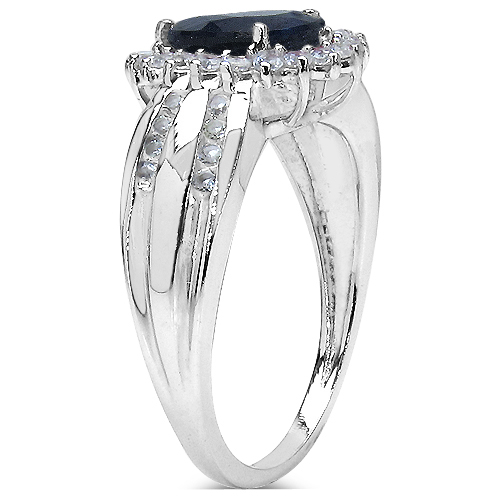 1.74 Carat Genuine Blue Sapphire, White Topaz .925 Sterling Silver Solitaire Ring