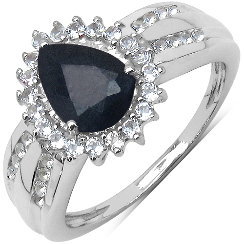 Sapphire-1.74 Carat Genuine Blue Sapphire, White Topaz .925 Sterling Silver Solitaire Ring