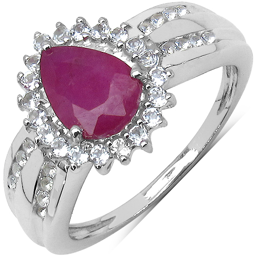 Ruby-1.61 Carat Genuine Ruby, White Topaz .925 Sterling Silver Solitaire Ring