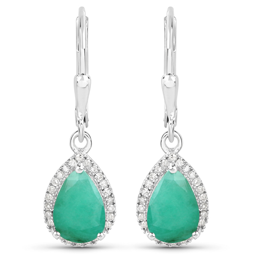 Emerald-3.05 Carat Genuine Emerald and White Diamond .925 Sterling Silver Earrings