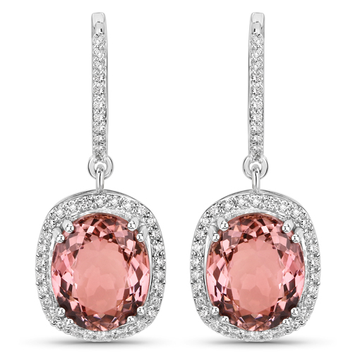 Earrings-8.90 Carat Genuine Baby Pink Tourmaline and White Diamond 14K White Gold Earrings