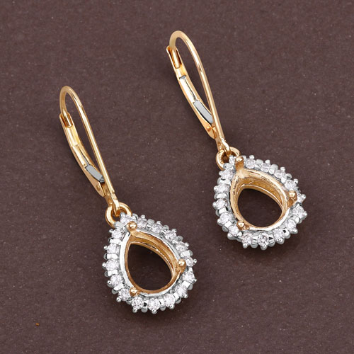 0.45 Carat Genuine White Diamond 14K Yellow Gold Semi Mount Earrings - holds 9x7mm Pear Gemstones