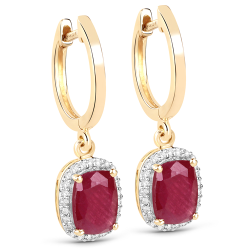 Earrings-2.15 Carat Genuine Ruby and White Diamond 14K Yellow Gold Earrings
