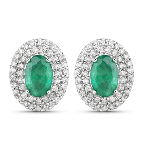 Emerald-1.20 Carat Genuine Zambian Emerald and White Diamond 14K White Gold Earrings