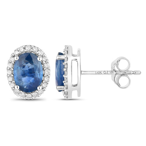 2.16 Carat Genuine Blue Sapphire and White Diamond 14K White Gold Earrings