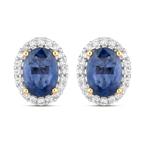 Earrings-2.16 Carat Genuine Blue Sapphire and White Diamond 14K Yellow Gold Earrings