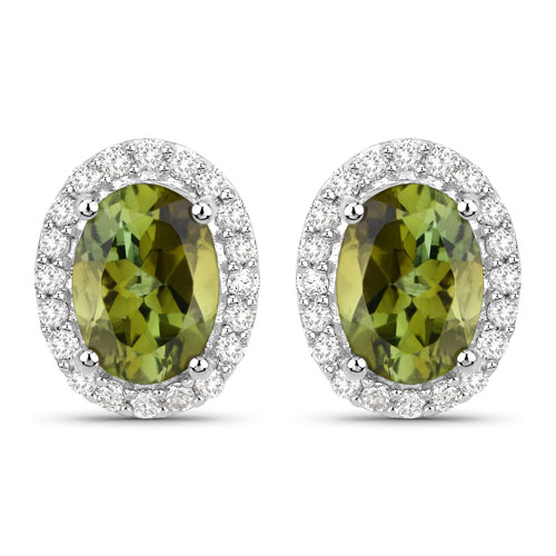 Earrings-1.92 Carat Genuine Green Tourmaline and White Diamond 14K White Gold Earrings