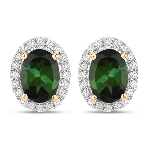 Earrings-1.92 Carat Genuine Green Tourmaline and White Diamond 14K Yellow Gold Earrings