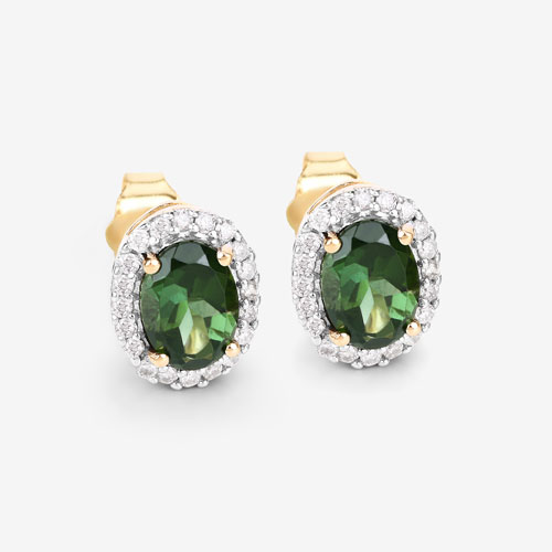 1.92 Carat Genuine Green Tourmaline and White Diamond 14K Yellow Gold Earrings
