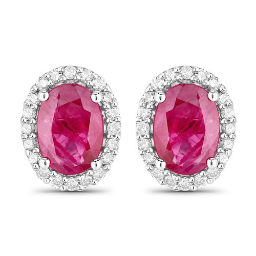 Earrings-1.96 Carat Genuine Ruby and White Diamond 14K White Gold Earrings