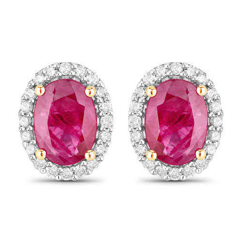 Earrings-1.96 Carat Genuine Ruby and White Diamond 14K Yellow Gold Earrings