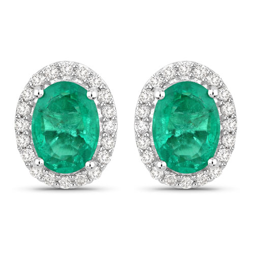 Emerald-1.66 Carat Genuine Zambian Emerald and White Diamond 14K White Gold Earrings