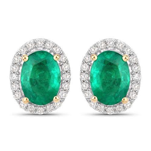 Emerald-1.66 Carat Genuine Zambian Emerald and White Diamond 14K Yellow Gold Earrings