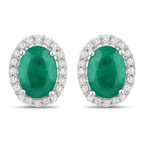 Emerald-1.74 Carat Genuine Zambian Emerald and White Diamond 14K White Gold Earrings
