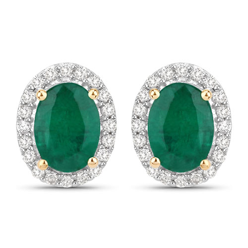 Emerald-1.74 Carat Genuine Zambian Emerald and White Diamond 14K Yellow Gold Earrings