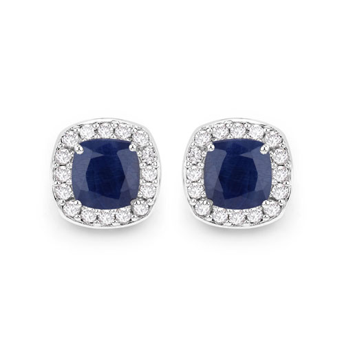 Earrings-3.61 Carat Genuine Blue Sapphire and White Diamond 14K White Gold Earrings