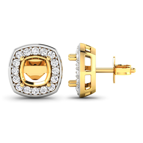 0.45 Carat Genuine White Diamond 14K Yellow Gold Semi Mount Earrings - holds 6x6mm Cushion Gemstones